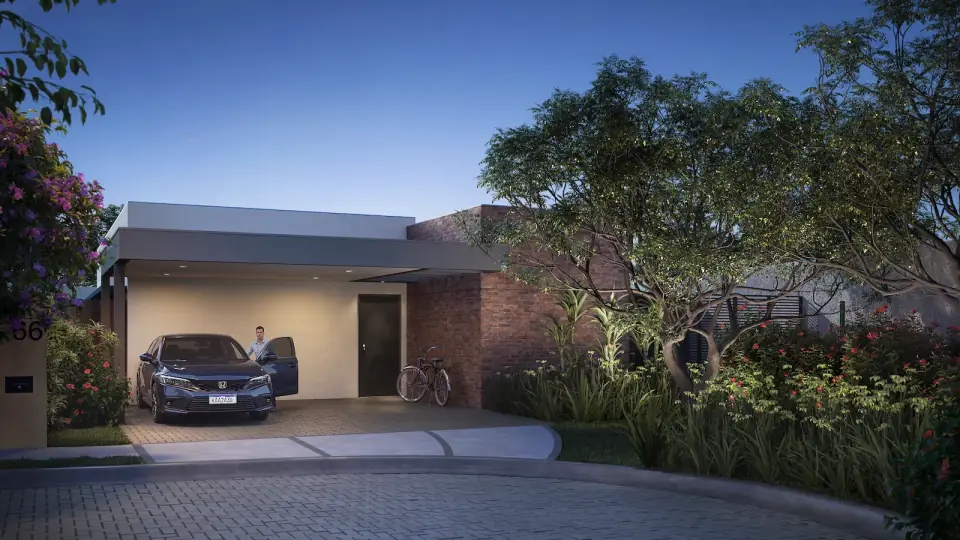 Fachada da casa térrea ao entardecer, com garagem coberta e tijolinho aparente (perspectiva ilustrada)