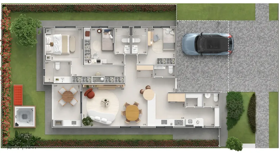 Planta humanizada da casa térrea, com suítes, sala integrada à cozinha, varanda gourmet, garagem e quintal (planta ilustrativa)