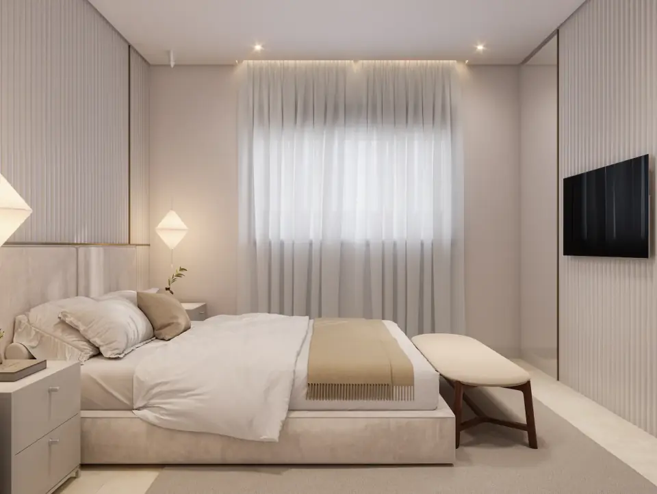 Suíte master da casa térrea, com cama de casal, painel ripado e cortina translúcida (perspectiva ilustrada)